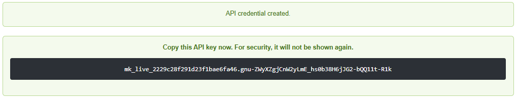 API credential created confirmation
