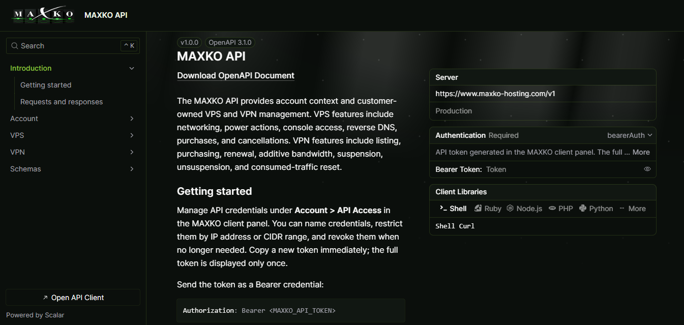 MAXKO API Documentation overview