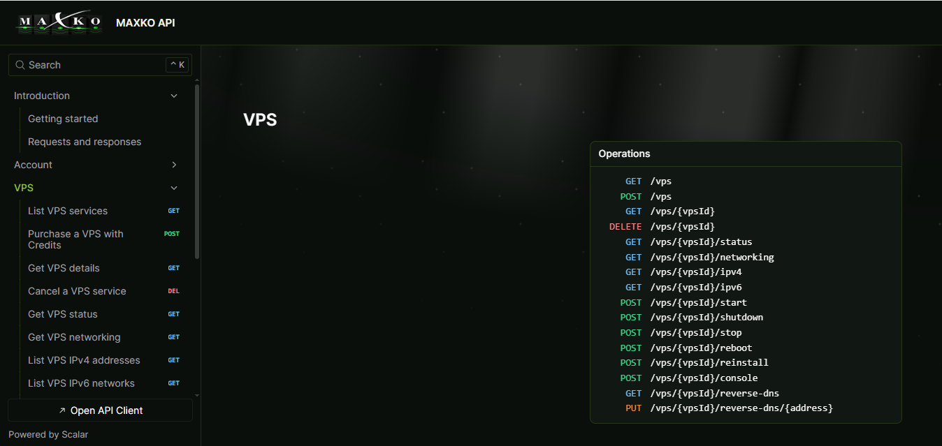 VPS endpoints in the MAXKO API Documentation
