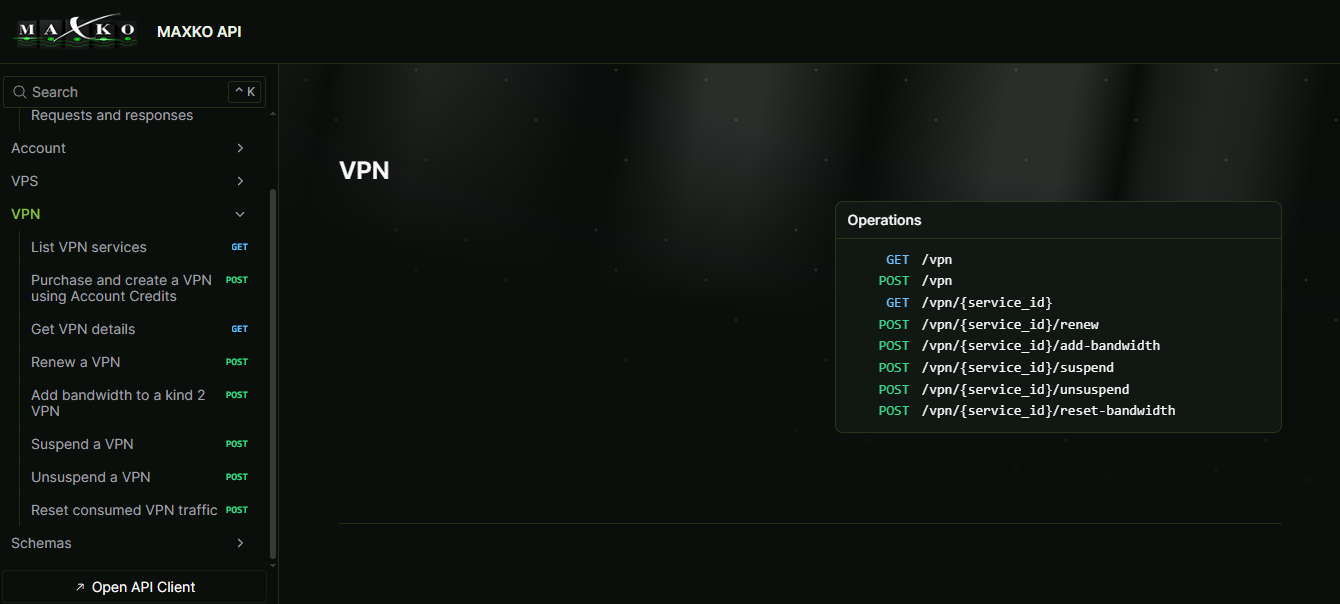 VPN endpoints in the MAXKO API Documentation
