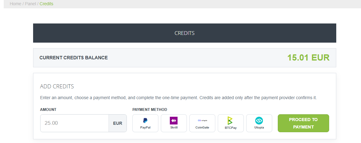 Add Credits form with amount and available payment methods
