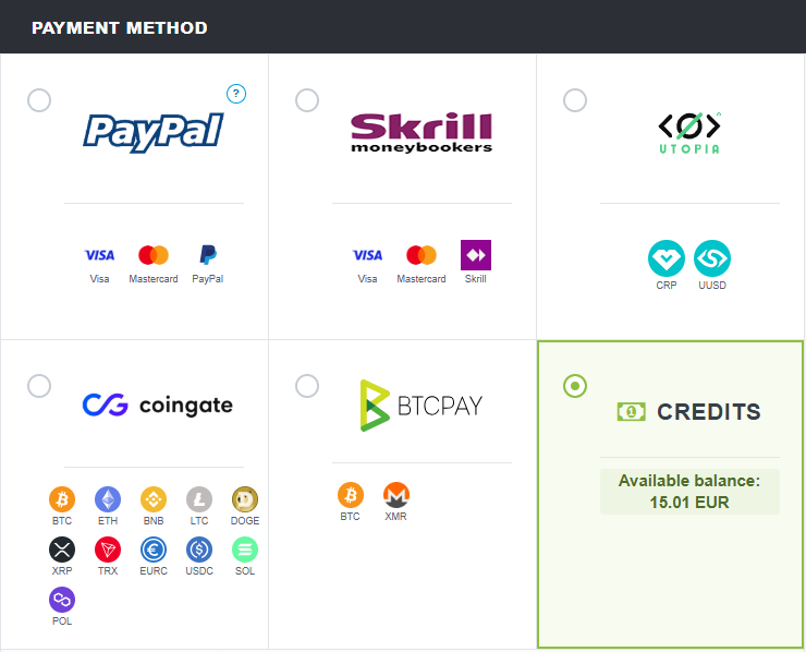 Checkout with Credits selected and the available balance shown