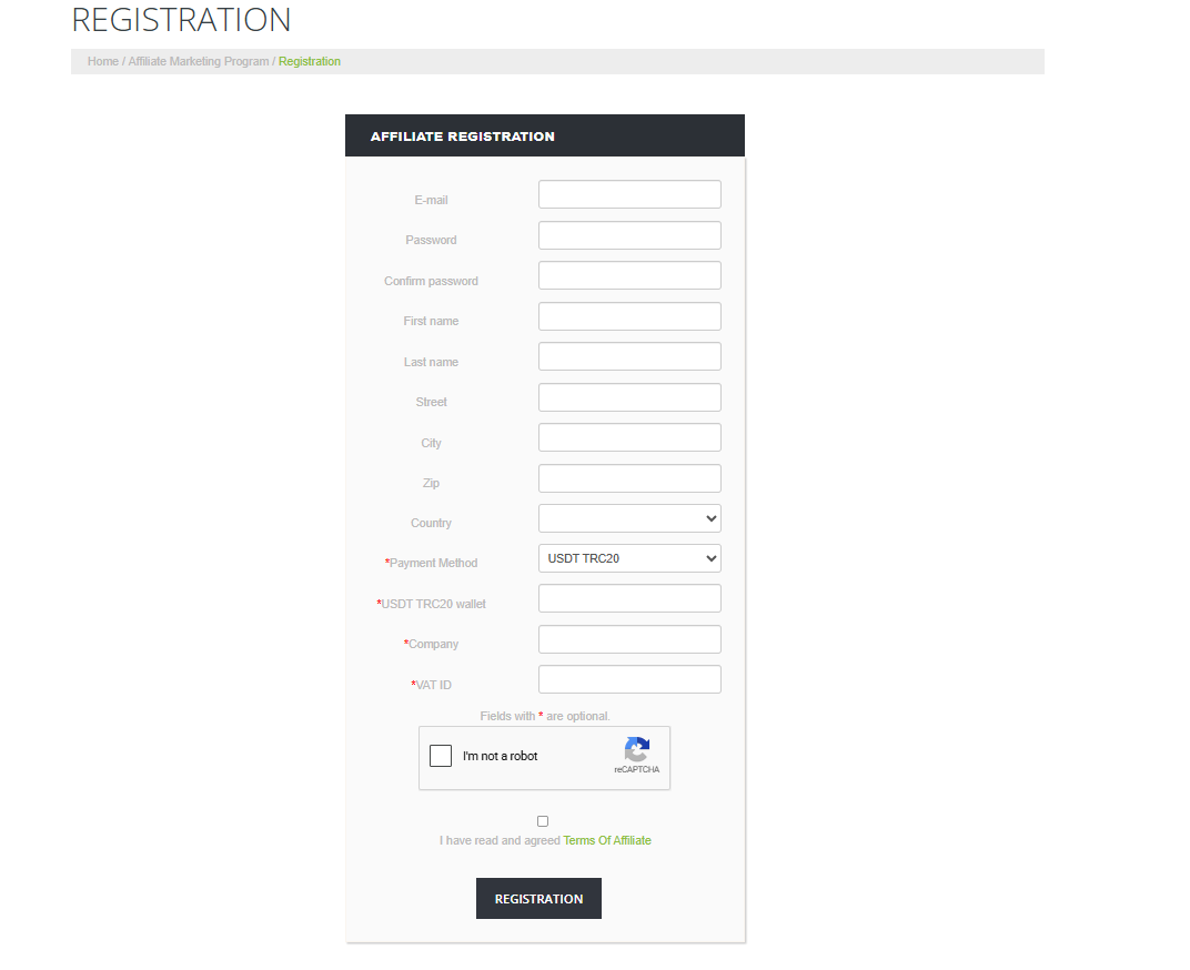 Affiliate registration page