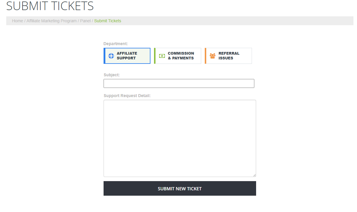 Affiliate support tickets