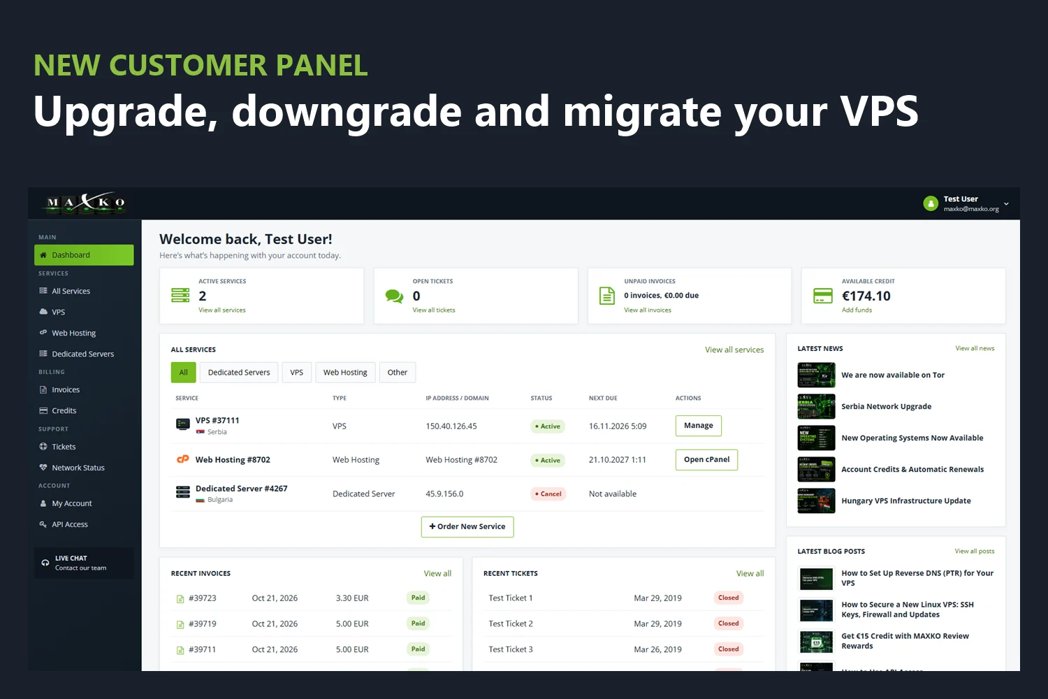New customer panel: upgrade, downgrade and migrate your VPS